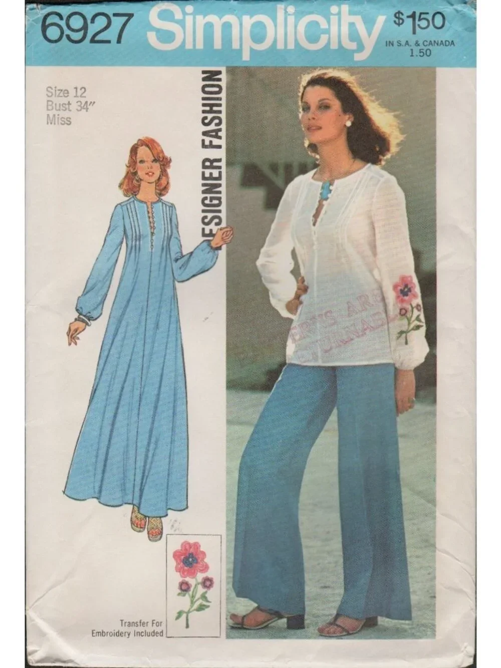 Simplicity 6927 Boho Hippie Caftan Embroidered Top Vtg 1970s Pattern Sz 12 Uncut